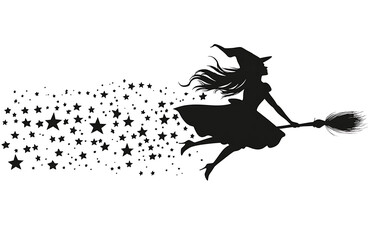 Fototapeta premium Flying Witch Silhouette Sparkle Star Trail Broomstick Halloween Vector Illustration