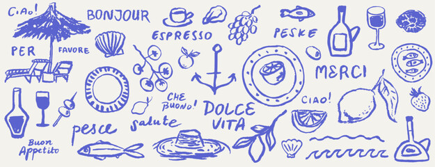 Fototapeta na wymiar Italian style vacation hand drawn vector illustrations in grunge chalk or charcoal rough doodle sketch style. Summer vacation elements for poster, placard or menu prints and decoration with lettering.