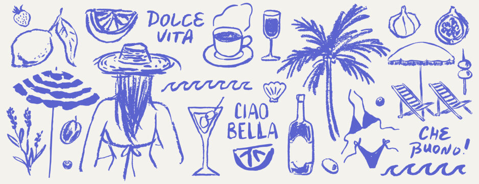Italian style vacation elements for poster, placard or menu prints and decoration with lettering. Summer vacation hand drawn vector illustrations in grunge chalk or charcoal rough doodle sketch style.