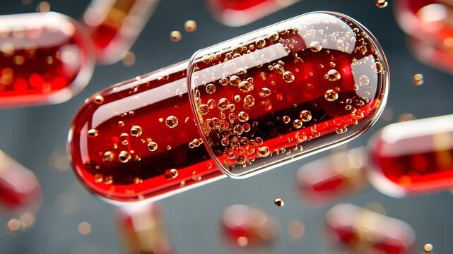 Close-up of a glowing red capsule floating in a dark, sparkling fluid environment