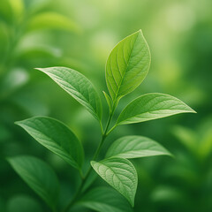Close-up of green leaves with a soft focus background. The leaves are vibrant and healthy, showcasing the beauty of nature and plant life.