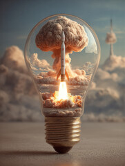 A conceptual image of a rocket launching inside a transparent light bulb, symbolizing innovation, energy, and explosive ideas.
