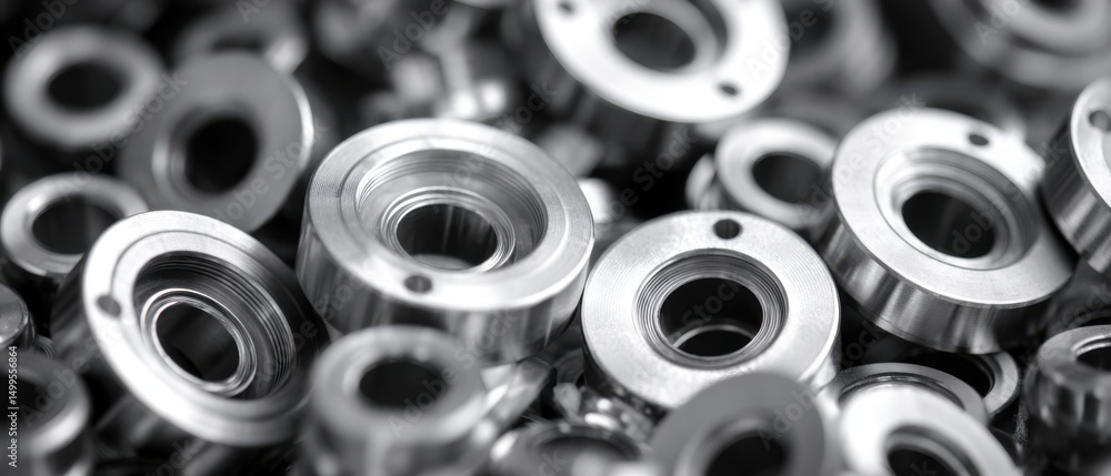 Poster close-up of precision machined metal parts in a manufacturing setting with a shallow depth of field 