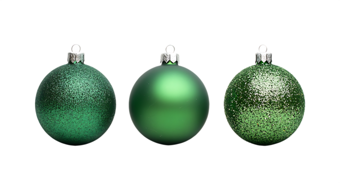 Three green christmas ornaments isolated on a white background