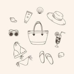Beach doodle vector set. Summer hand drawn illustration. Beach vacation doodle collection vintage style