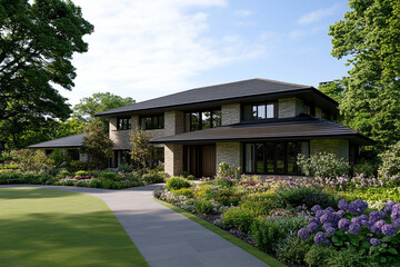 Fototapeta premium Modern house design showcased on a tablet screen with a lush garden and clear blue sky background