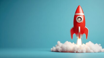 Red rocket ship launching with smoke on blue background studio shot concept of startup and innovation