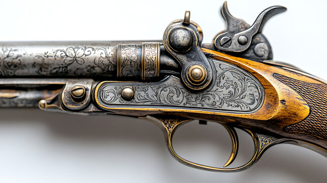 Close-up of the sight and trigger mechanism of an antique matchlock arquebus against a bright white background, illuminated by focused professional studio lighting, showcasing its historical 