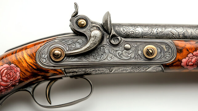 Close-up of the sight and trigger mechanism of an antique matchlock arquebus against a bright white background, illuminated by focused professional studio lighting, showcasing its historical 