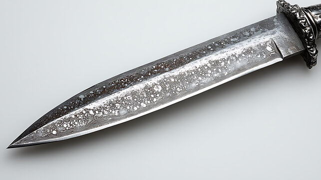 Close-up of the sharp point of a traditional stiletto dagger against a stark white backdrop, illuminated by focused professional studio lighting, highlighting its piercing design 