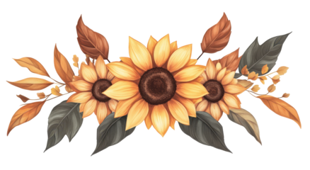 Autumnal sunflower arrangement with dark foliage and muted yellow and brown tones, digitally painted