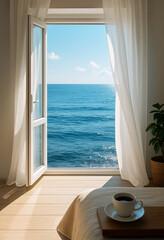 Scenic ocean view through an open window with white curtains. Minimalist bedroom with cup of coffee on bed. Peaceful morning atmosphere and seaside relaxation concept.