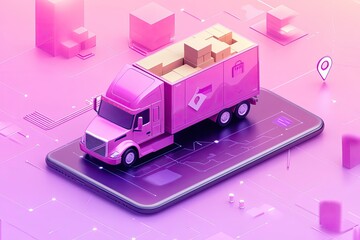 A pink delivery truck sits atop a smartphone, surrounded by a digital map and packages, symbolizing online order fulfillment and delivery tracking
