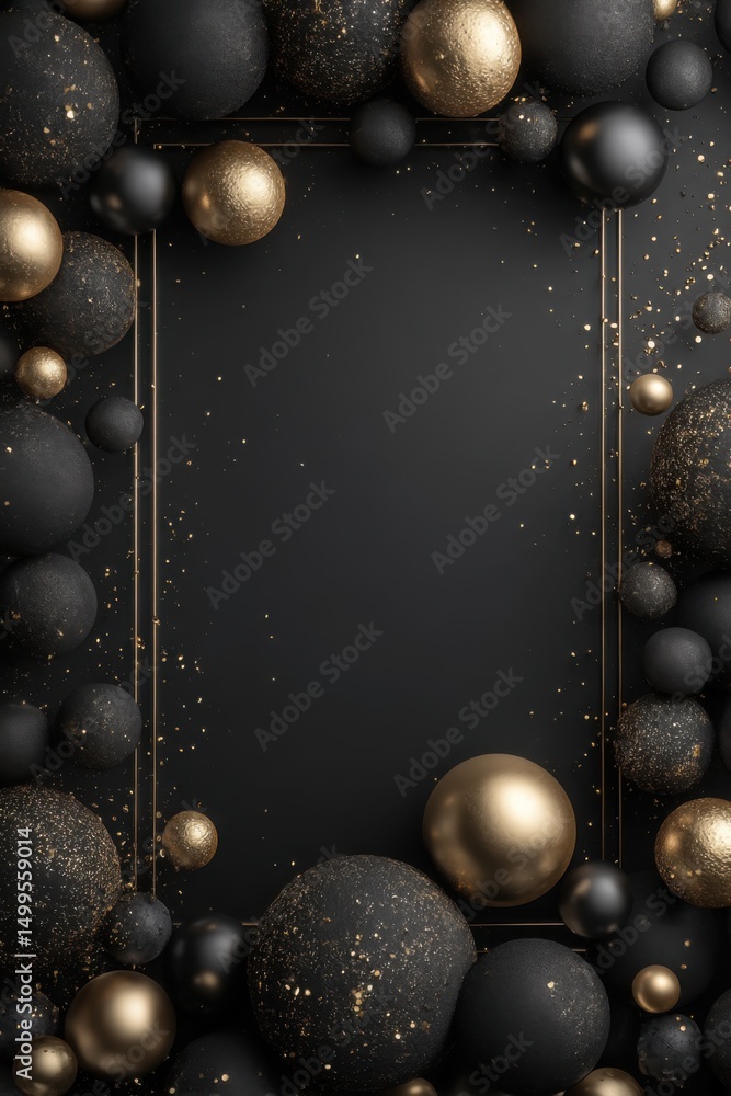 Poster elegant black and gold sphere frame with empty space for text or image top-down studio shot