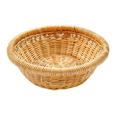 Shallow, round wicker basket with a light tan, woven pattern; slightly flared rim