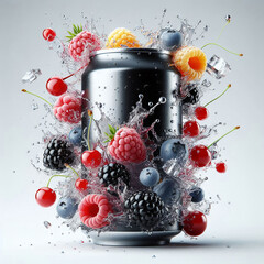 A black soda can surrounded by splashes of water and various berries including raspberries, blueberries, blackberries, and cherries. Fresh and vibrant scene.