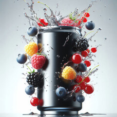A black can surrounded by splashes of water and various berries including raspberries, blueberries, blackberries, and strawberries. The scene captures freshness and vitality.