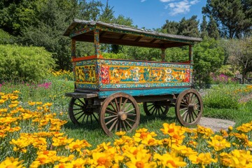 Obraz premium Vintage ornate cart in garden setting on a white background