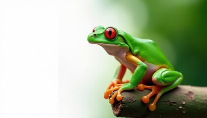 Naklejka premium Green tree frog perched on white, vibrant skin, amphibian photography, frog, white background