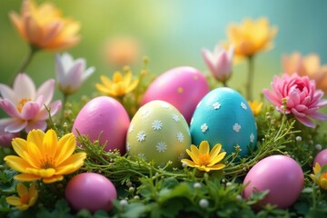 Fototapeta premium Colorful Easter eggs nestled in spring flowers, joyful April scene , new life, vibrant, wildlife
