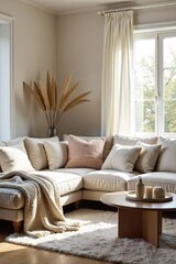 Cozy living room decorated with soft textures, plush cushions, and throws Neutral color palette creates a calming atmosphere Perfect for relaxation and comfort , interior, simple, stylish