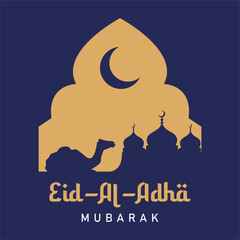 Eid al adha mubarak the celebration of muslim community festival background, banner, greeting design with islamic frame in yellow and blue color theme. Silhouette mosque, crescent moon and camel.