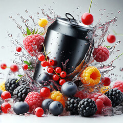 A black soda can surrounded by splashes of water and various berries including raspberries, blackberries, blueberries, and red currants. Fresh and vibrant scene.