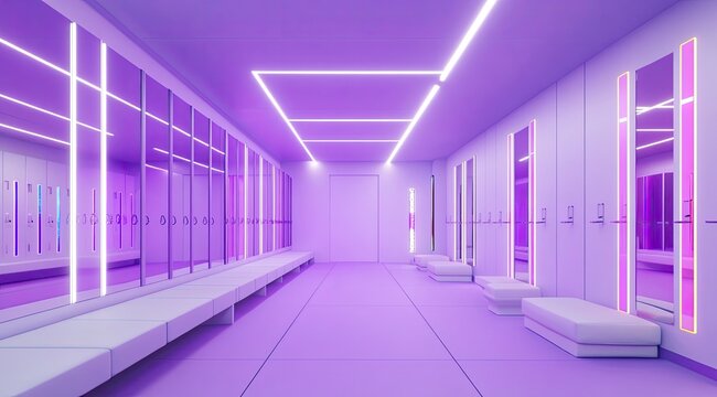 A futuristic locker room bathed in vibrant purple neon light, featuring sleek white lockers, mirrors, and benches.  The space is clean, minimalist, and technologically advanced