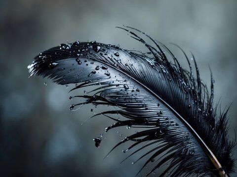 Detailed macro representation of a feather adorned with water droplets highlighting its significance for climate change awareness