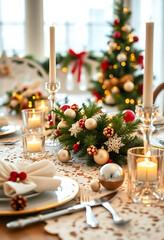christmas table setting with candles and ornaments