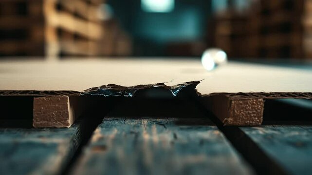 Tightly cropped shot of a cracked box edge, a broken product visible through the torn corrugation, pallet beneath stained and worn, concept of fragile item transport and claims pro