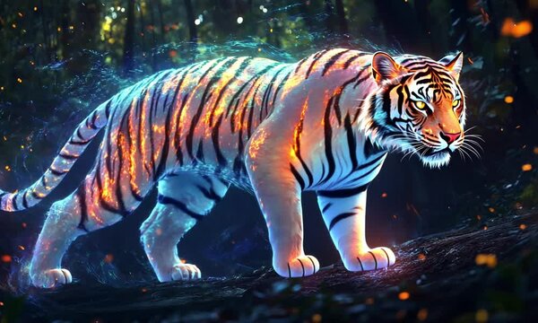 Fiery White Tiger in Mystical Forest