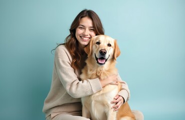 Young smiling woman hugs golden retriever dog, both look at camera. Happy female owner with best friend. Pet care, love, friendship, cuddling on light blue background. Best companion, family pet.