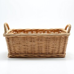Obraz premium Empty woven wicker basket with handles on white background. Ideal for storage, laundry, picnic, carrying items. Rustic design evokes tradition, natural materials. Perfect for eco-friendly household