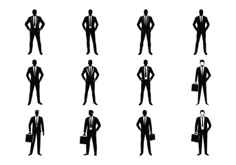 Businessman silhouette in formal attire standing confidently, collection of business person vector illustrations