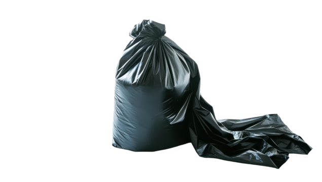 A dark gray trash bag, tightly knotted, sits on a black background with a portion of the bag dramatically draped to the side - Powered by Adobe