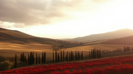 The Tuscany countryside with mountains and fields in evening light
