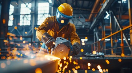 The construction worker grinding metal