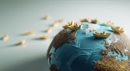Obraz premium Symbolic globe with tiny boats floating towards country border, representing migration, global movement, and international relations concepts. 