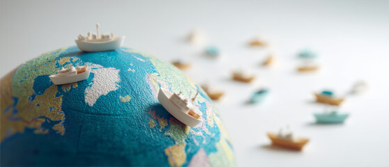 Symbolic globe with tiny boats floating towards country border, representing migration, global movement, and international relations concepts.	