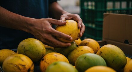 Mango Selection: A close-up shot captures the hands of a person carefully selecting ripe, golden mangoes from a collection, highlighting the freshness and quality of the tropical fruit.