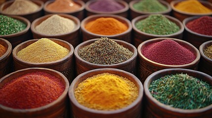 Fototapeta premium Colorful array of spices in small bowls. Various ground and dried herbs, vibrant colors, textures, and tastes. Perfect for cooking, blending or showcasing
