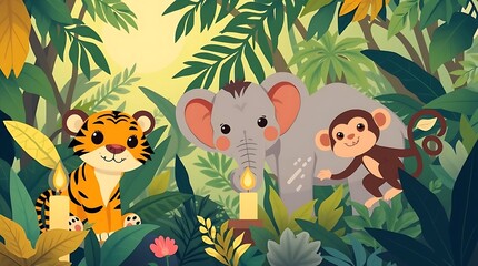 group of wild mammals in a lush tropical jungle, including a tiger, elephant, and monkey. Natural lighting, realistic style, high detail, vibrant colors