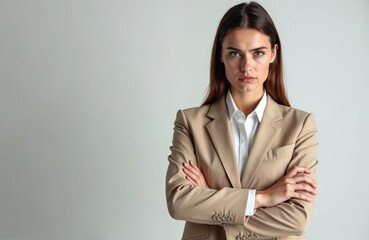 Serious young businesswoman beige suit with crossed arms looking at camera. Professional female, confident expression, business attire, leadership, corporate. Isolated studio shot, light background,