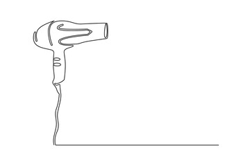 Continuous one line drawing of Hair dryer. Single line drawing illustration of Blow dryer. Professional hair style tool concept vector art. Doodle line illustration.