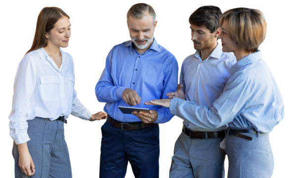 Group of business people standing together and discussing their work and projects, having a team meeting on a transparent background