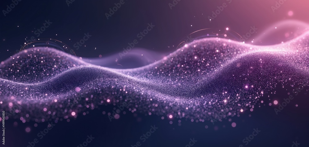 Poster Abstract digital illustration shows flowing wave with dots. Futuristic tech background with dynamic particle lines. Data stream, technology concept, digital structure. Visualization of data flow.