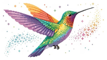Obraz premium Colorful Hummingbird Pixel Art on White Background