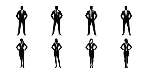 Fototapeta premium Businessman silhouette in formal attire standing confidently, collection of business person vector illustrations