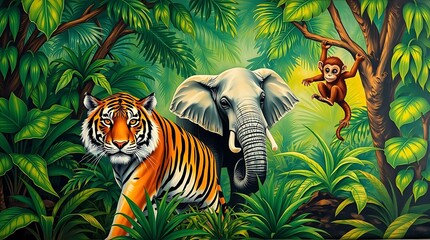 group of wild mammals in a lush tropical jungle, including a tiger, elephant, and monkey. Natural lighting, realistic style, high detail, vibrant colors